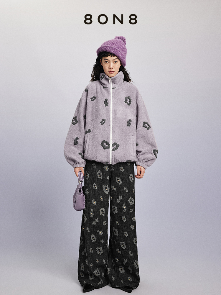 8ON8秋冬暮光紫浓雾灰羊毛摇粒绒外套夹克时尚百搭上衣时尚高级感 - 图0