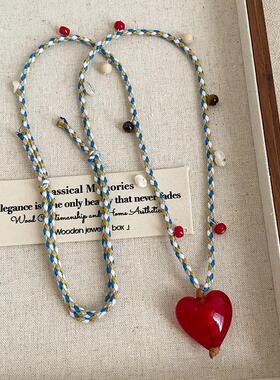 红色透亮树脂爱心项链编织抽拉长款吊坠颈链韩系甜酷风毛衣链配饰