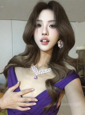 爆闪紫色水滴锆石项炼耳环套装女轻奢高级感贵气晚礼服配饰锁骨炼