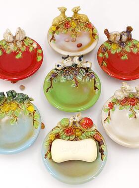 新品田园创意陶瓷香皂盒沥水欧式卫生间酒店皂碟玄关钥匙收纳摆件