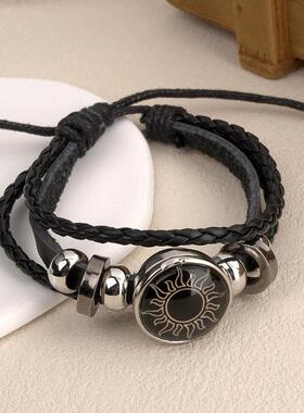 夜光日月恋人时光宝石手链男女通用复古手工多层串珠编织皮革手链