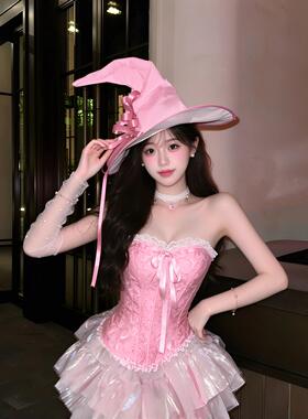 万圣节女巫帽万圣节cos装扮道具粉色蝴蝶结飘带女巫帽子出片神器