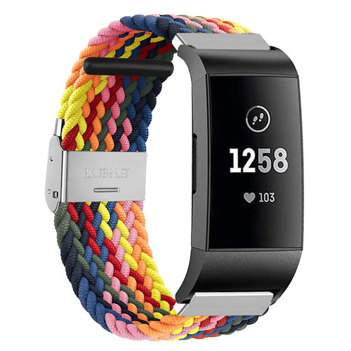 【新款】适用Fitbit charge6智能5手环弹力尼龙编织表带charge3/4智能运动手环替换腕带可调节彩虹创意手表链 - 图1