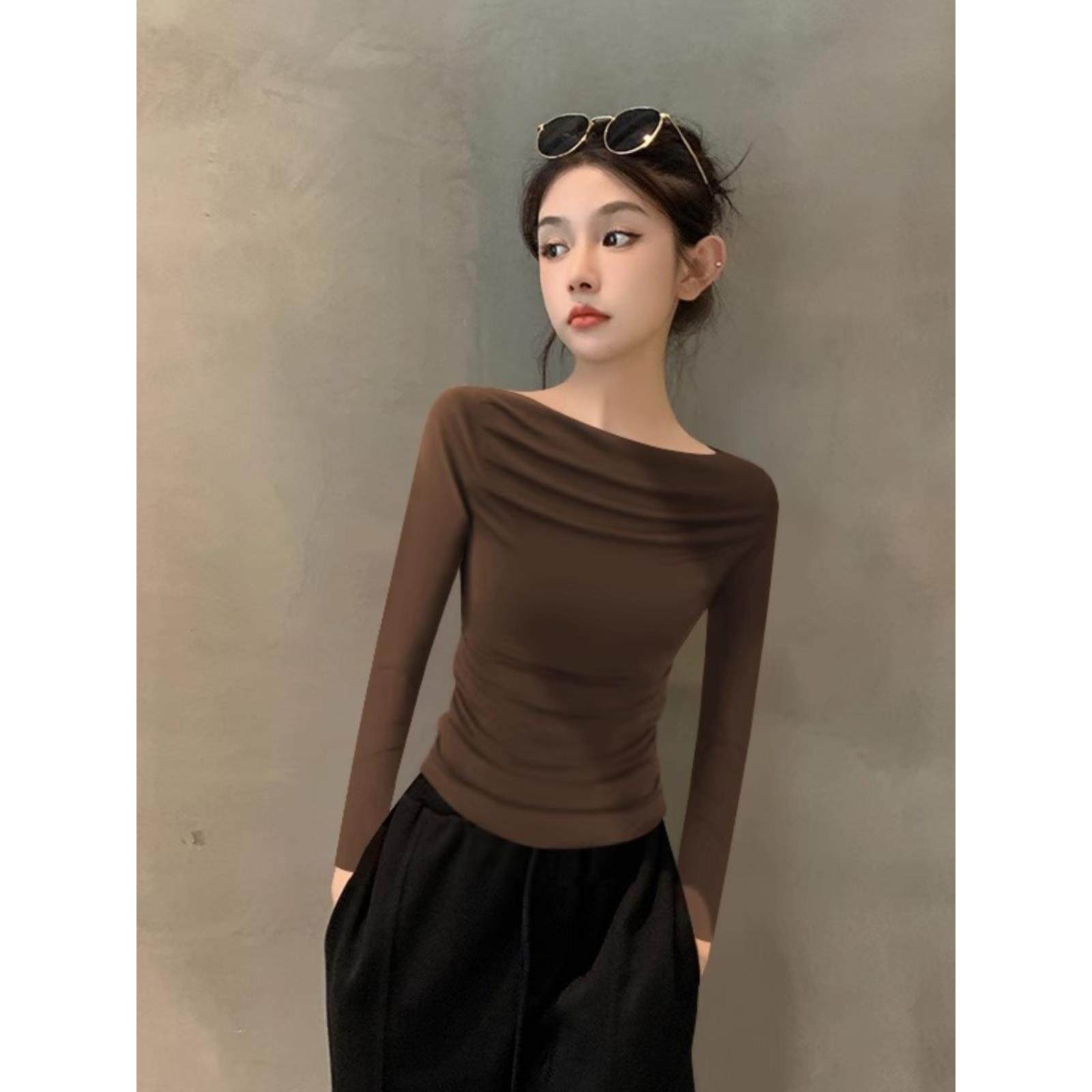 一字领长袖打底衫女秋季内搭2025新款露肩不规则上衣女设计感小众,淘宝优惠券,粉丝福利购,淘宝优惠卷