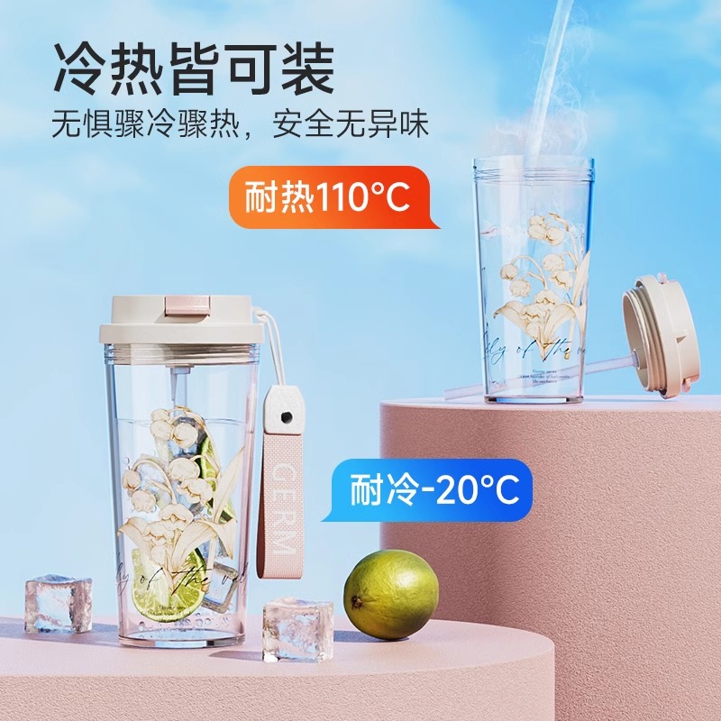 GERM铃兰水杯2024年新款女生高颜值双饮随行杯子高级感轻奢吸管杯