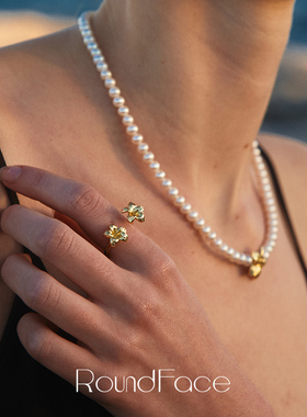 RoundFace 金色法式复古花朵开口戒指银镀18k金 小众原创度假感