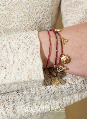 RoundFace炼金术系列手工编织串珠金色红手链法式复古度假海岛风