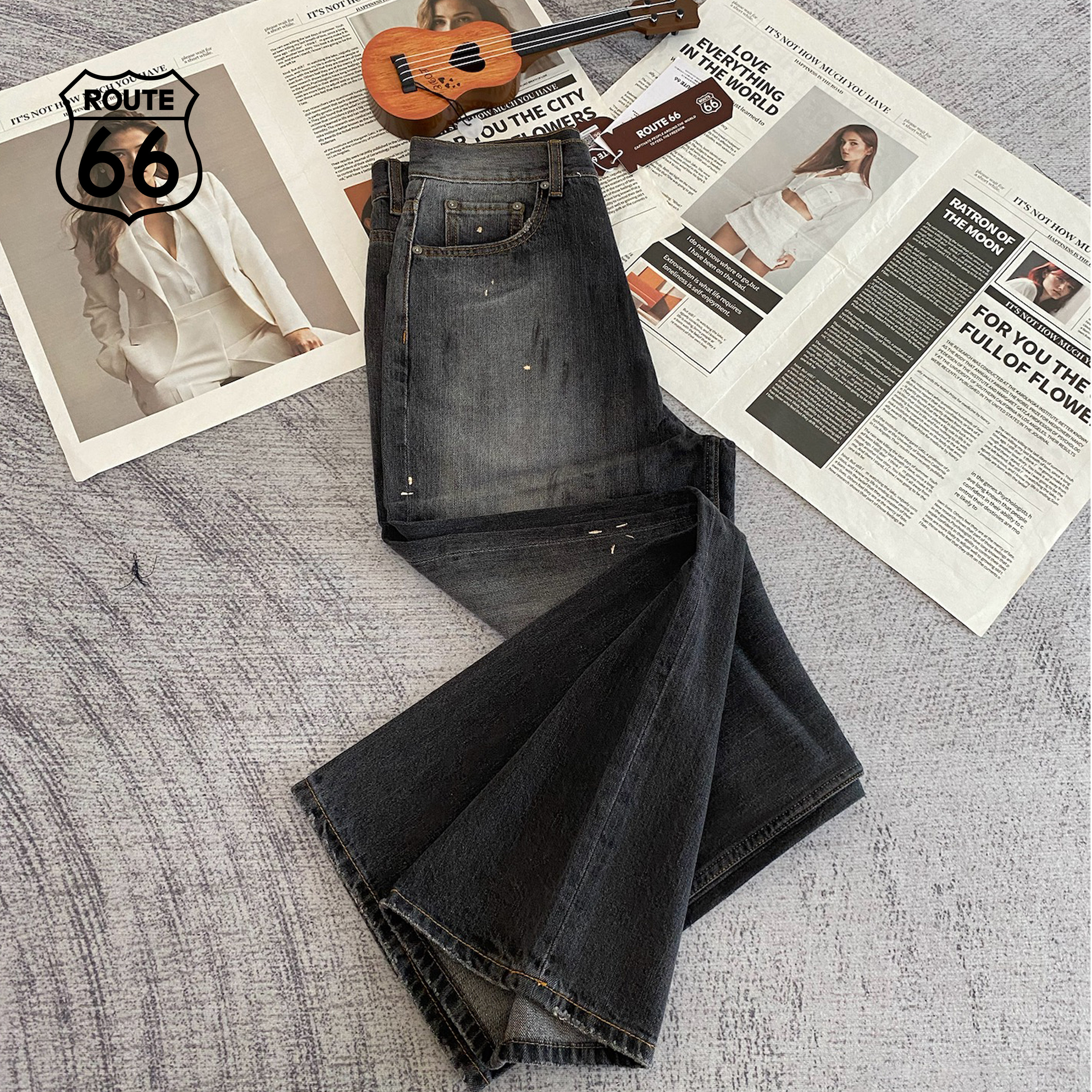 ROUTE66黑色直筒牛仔裤2026新款水洗做旧泼墨宽松长裤男女同款,淘宝优惠券,粉丝福利购,淘宝优惠卷