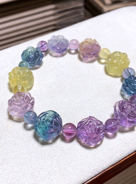 天然彩萤石玫瑰花雕刻手链女款