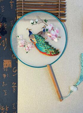 双面团扇古风中国风女式长柄流苏汉服旗袍跳舞蹈扇幼儿夏圆形扇子