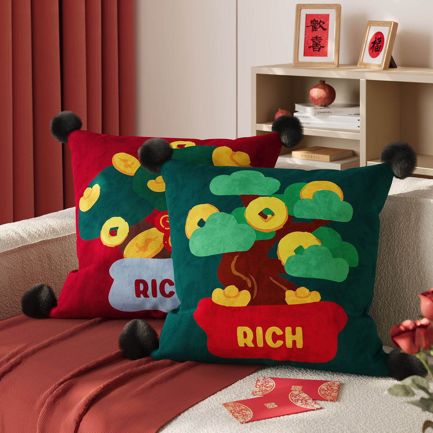 红色抱枕套过年客厅沙发含芯新年装饰腰靠床头飘窗靠枕靠垫可拆洗,淘宝优惠券,粉丝福利购,淘宝优惠卷