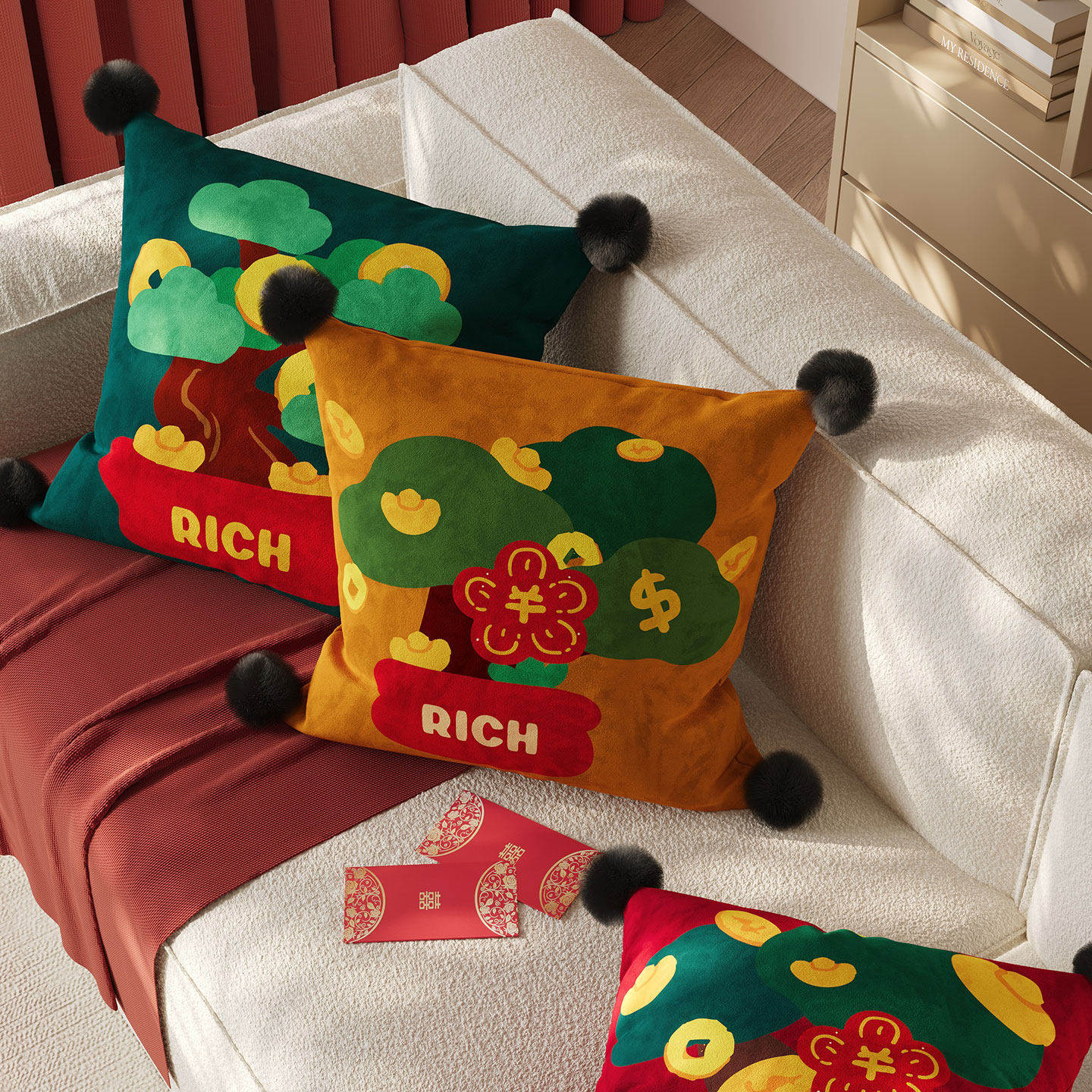 红色抱枕套过年客厅沙发含芯新年装饰腰靠床头飘窗靠枕靠垫可拆洗,淘宝优惠券,粉丝福利购,淘宝优惠卷