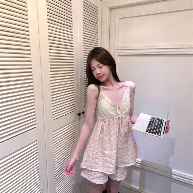 PPHOME自制~美到失语 甜美少女碎花蕾丝拼接带胸垫家居服睡衣套装 - 图2
