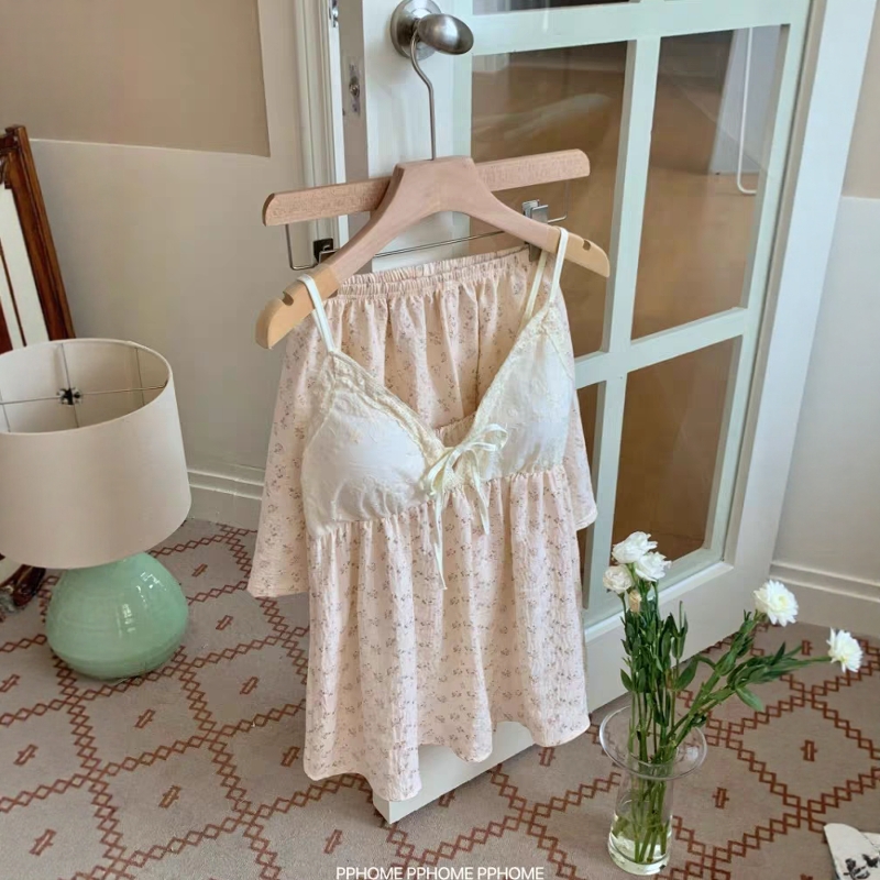 PPHOME自制~美到失语 甜美少女碎花蕾丝拼接带胸垫家居服睡衣套装 - 图3