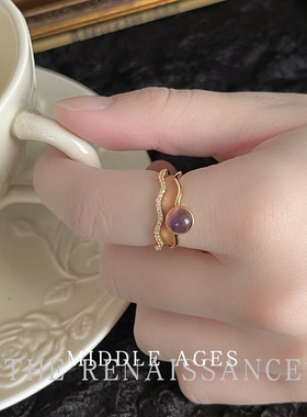 vintage轻中古镶锆石紫色猫眼石食指戒指镂空复古开口可调节指环