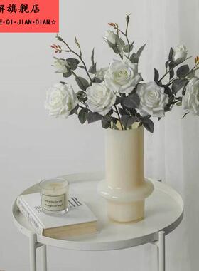 风高级感奶油色直筒玻璃花瓶水培鲜花郁金香客厅装饰插花瓶