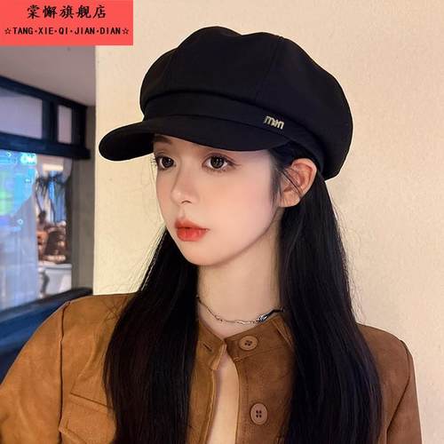 新款贝雷帽帽子女秋冬显脸小鸭舌八角帽大头围法式复古黑色报童潮 - 图0