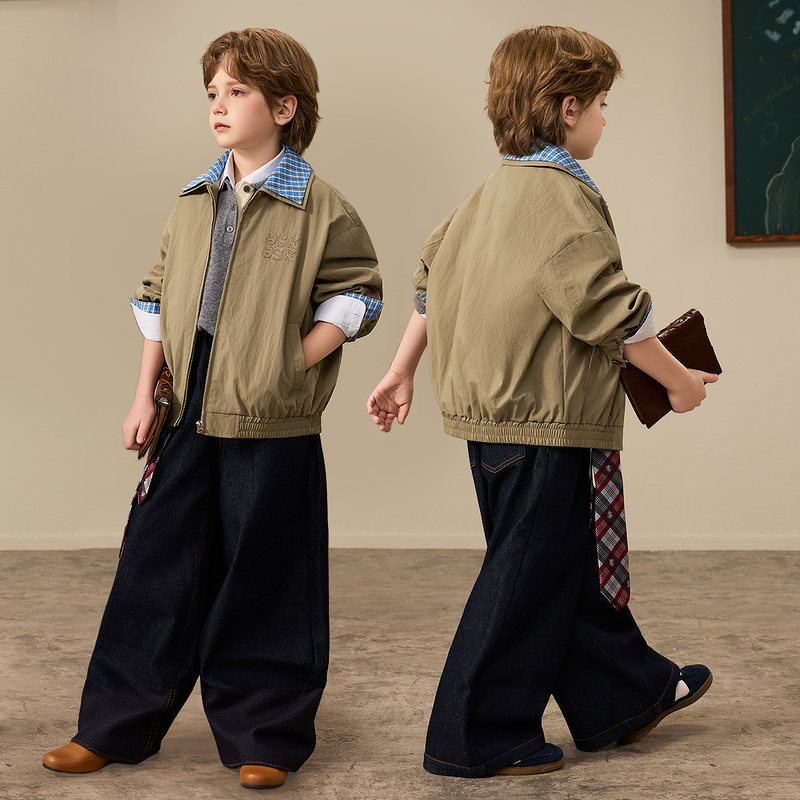 ask儿童春季外套2026新款男女童休闲翻领夹克拼接工装上衣学院风,淘宝优惠券,粉丝福利购,淘宝优惠卷