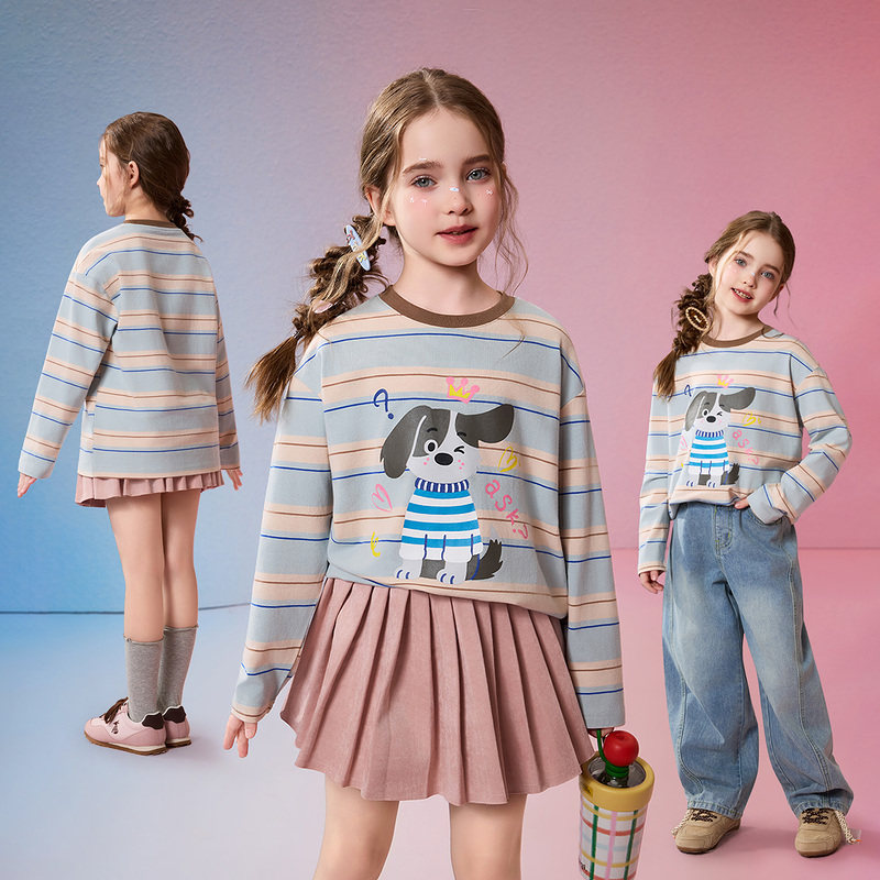 ask儿童T恤2026春季新款女童撞色条纹上衣中大童印花长袖童装,淘宝优惠券,粉丝福利购,淘宝优惠卷