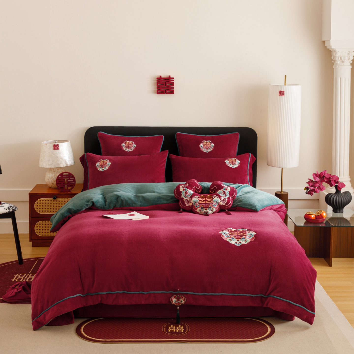 红花车秋冬牛奶绒婚庆四件套加厚保暖绒被套床单红色喜庆新婚套件 - 图1