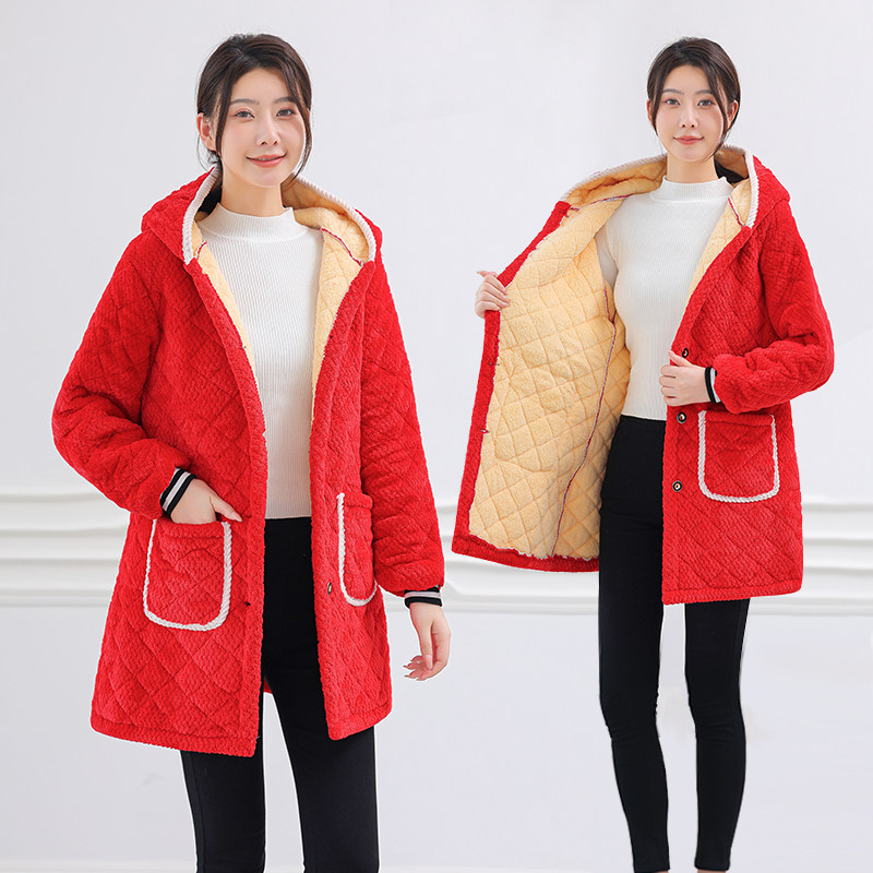 罩衣女新款冬季加绒加厚工作服时尚棉衣保暖围裙厨房家用长款棉袄 - 图2