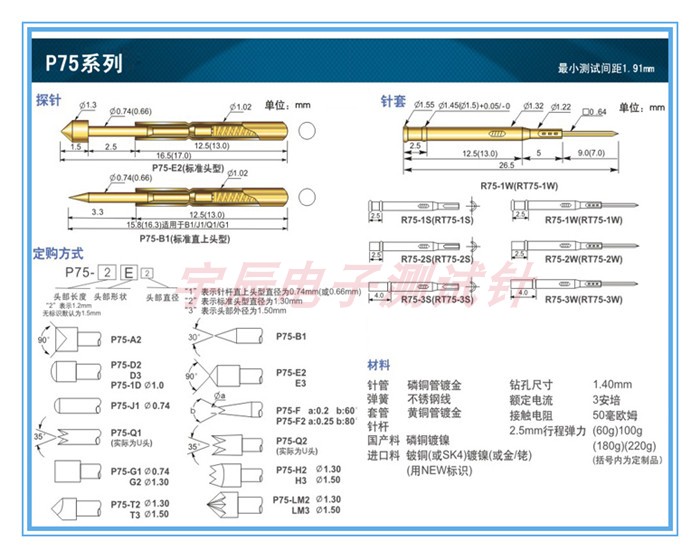 100支华荣探针P75-J1直上圆头/PA75-J1测试针 弹簧顶针1.0*16.5mm - 图0