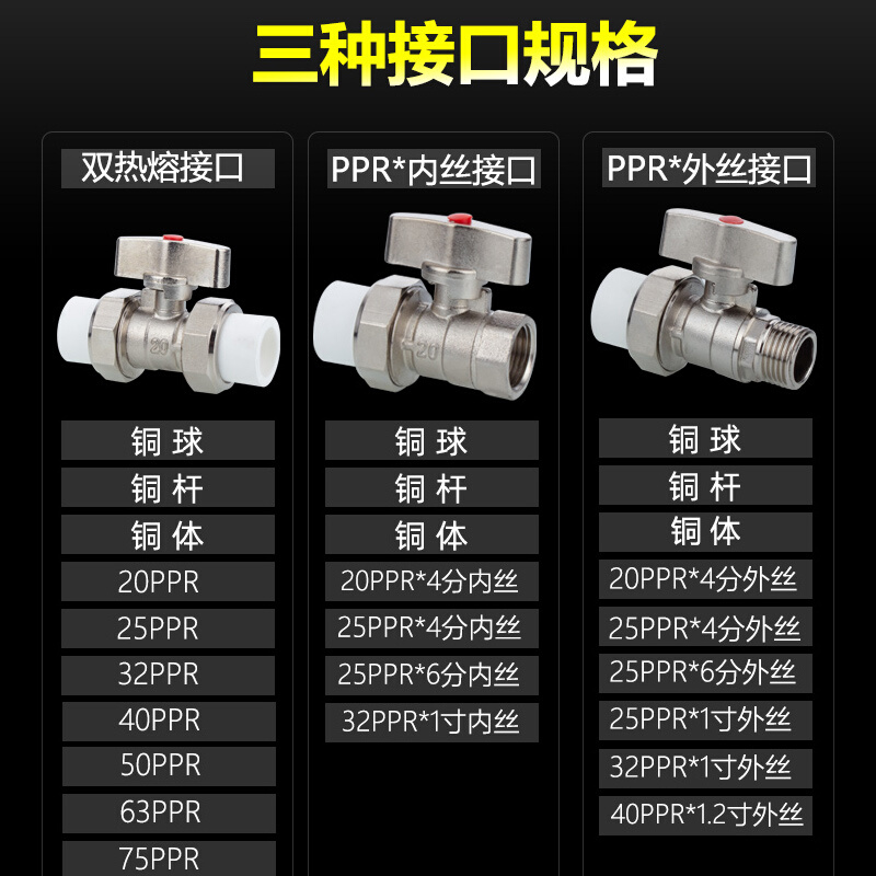 PPR双活接铜球阀双头热熔4/6分1寸内外丝20/25/32水管球阀门配件 - 图0