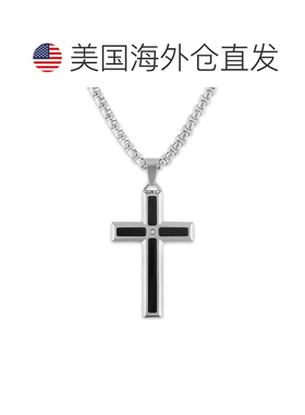【美国直邮】男士钻石点缀黑色珐琅十字架 24 英寸不锈钢吊坠