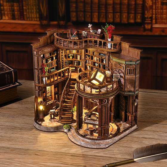 3D three-dimensional puzzle bookend wooden assembly model diy cabin handmade miniature scene art mini house