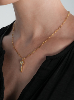 欧美轻奢爱心钥匙锁项链18K镀金回形针链满钻复古钥匙18K镀金简约