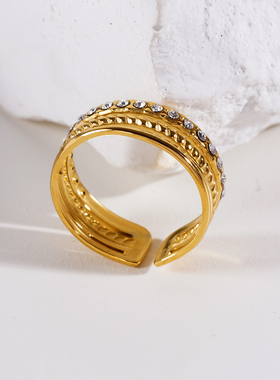 叠戴镶钻戒指18K镀金欧美风开口