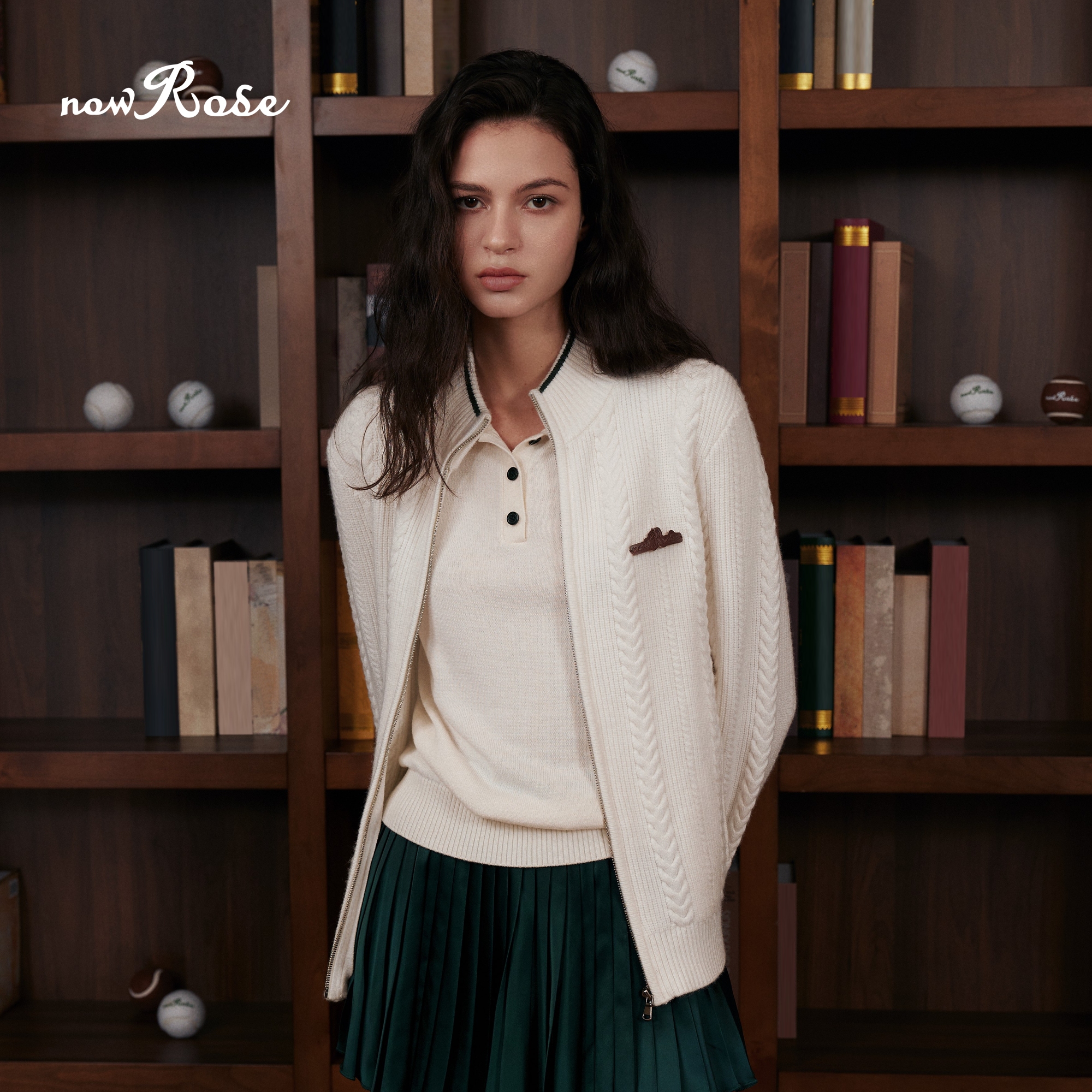 NowRose官方复古针织开衫女休闲外套老钱上衣网球风撞色短款毛衣 - 图1