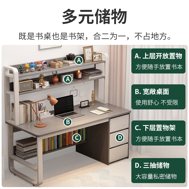 电脑桌家用台式书桌书架一体卧室办公桌椅组合学生学习桌子工作台-图2