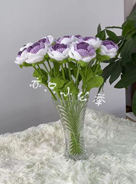 成品钩针编织渐变色玫瑰花碎冰蓝花束diy手工制作情人节生日礼物