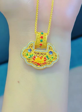 沙金新中式牡丹花如意锁吊坠复古风爆款挂坠送礼锁骨链花丝珐琅彩