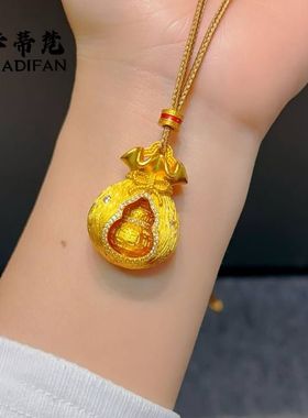 爆款沙金吊坠铜钱转动葫芦点钻拉丝福袋吊坠编绳项链女新中式国潮