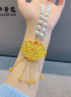 金店同款沙金镂空花丝天子门生流苏锁包珍珠项链女仿珍珠毛衣链