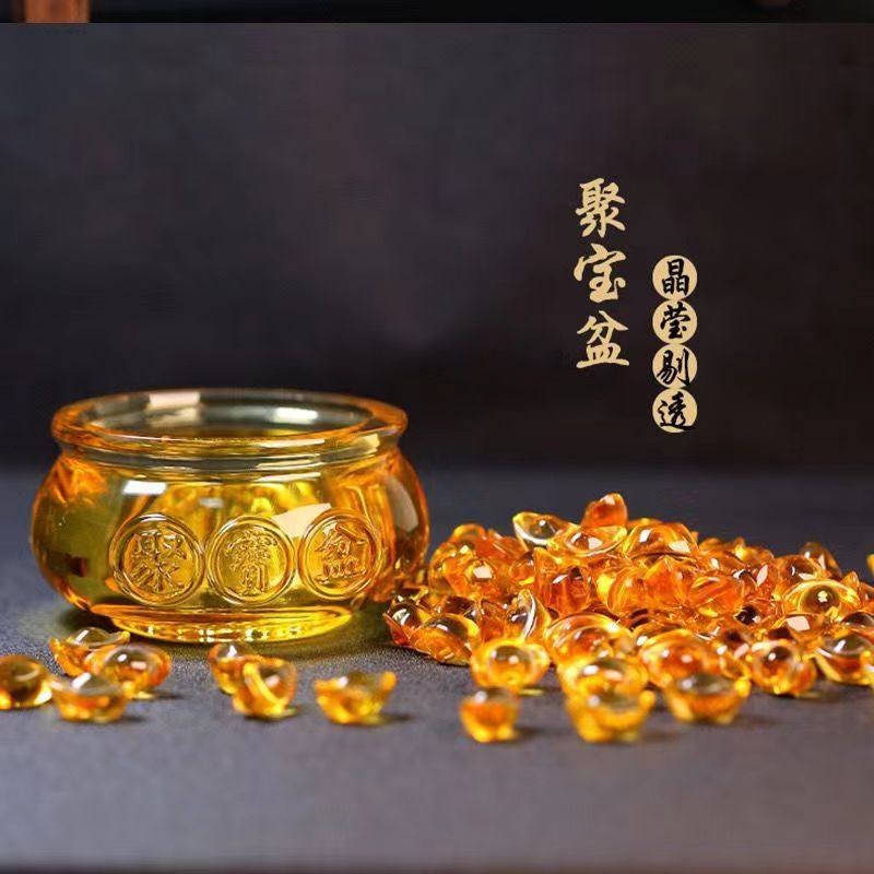 白水晶黄水晶聚宝盆摆件琉璃元宝金黄色家居桌面正财开财库开业,淘宝优惠券,粉丝福利购,淘宝优惠卷