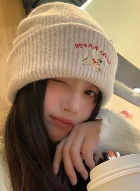 韩系可爱小狗刺绣毛线帽女秋冬季百搭保暖灰色针织帽子氛围感冷帽