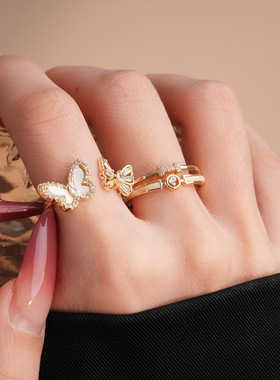 锆石贝母蝴蝶开口戒指小众高级感