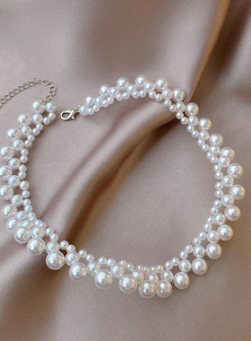 热巴同款法式复古手工珍珠锁骨链