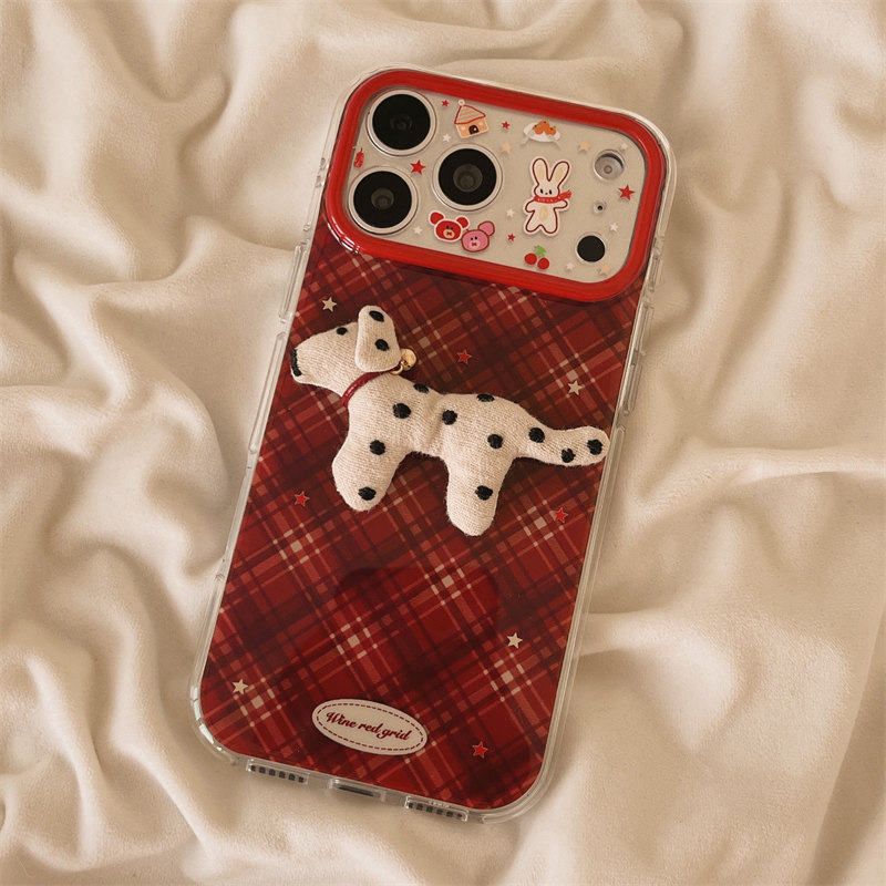 独壳 红色格纹立体斑点小狗挂饰适用苹果17promax手机壳日韩创意卡通iPhone16新款15防摔女款双层手机套硬壳,淘宝优惠券,粉丝福利购,淘宝优惠卷