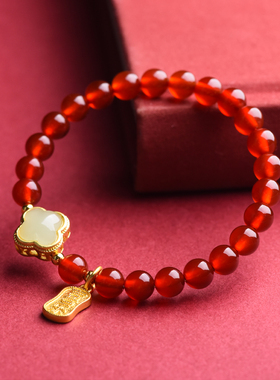 珍灵石天然红玛瑙手链女款幸运四叶草水晶手串本命年转运珠送女友