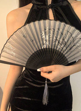 古风扇子旗袍女扇小折扇2026新款夏日汉服女国风舞蹈跳舞黑色竹扇