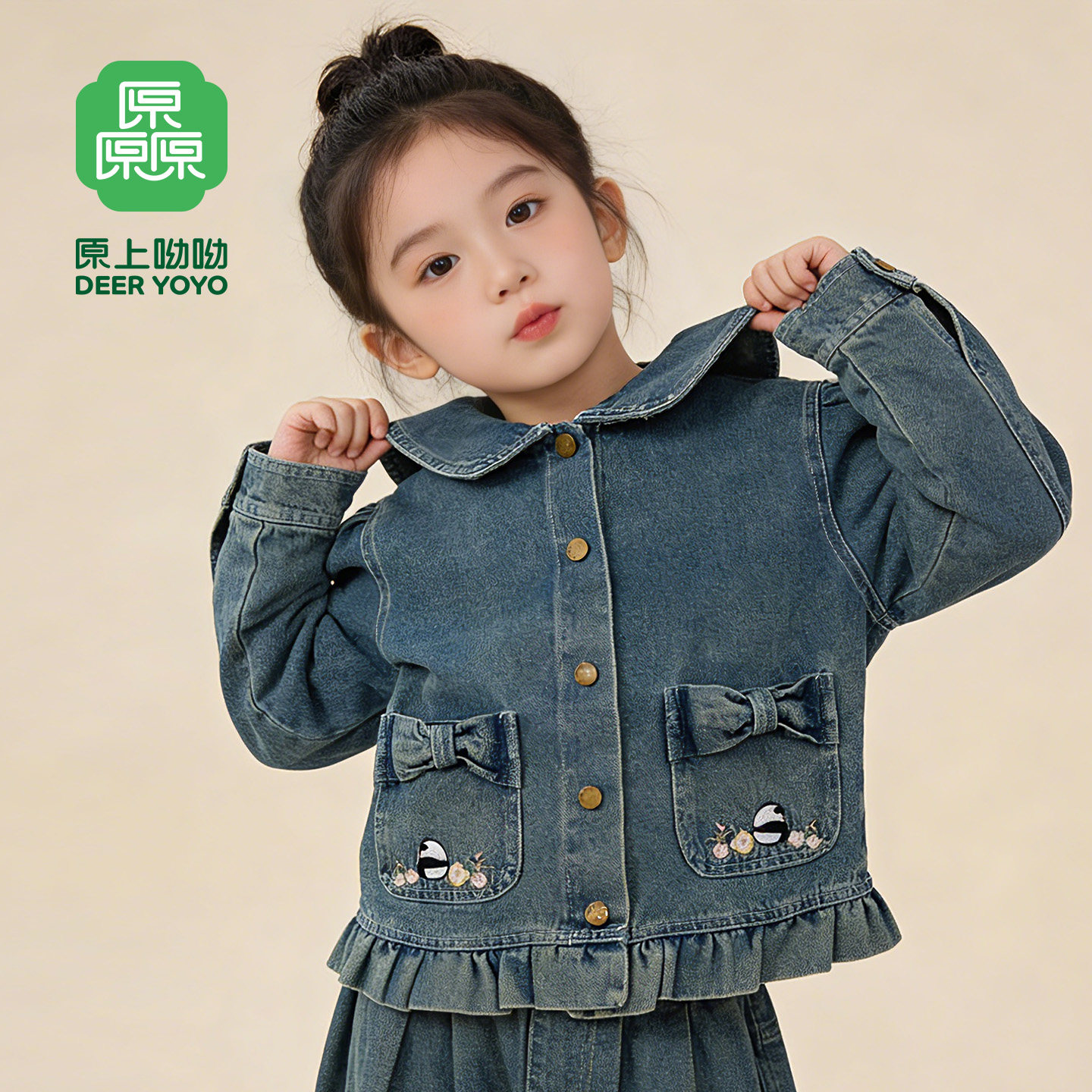 厵yuan童装女童春秋牛仔外套2026年新款春款国风绣花小童翻领上衣