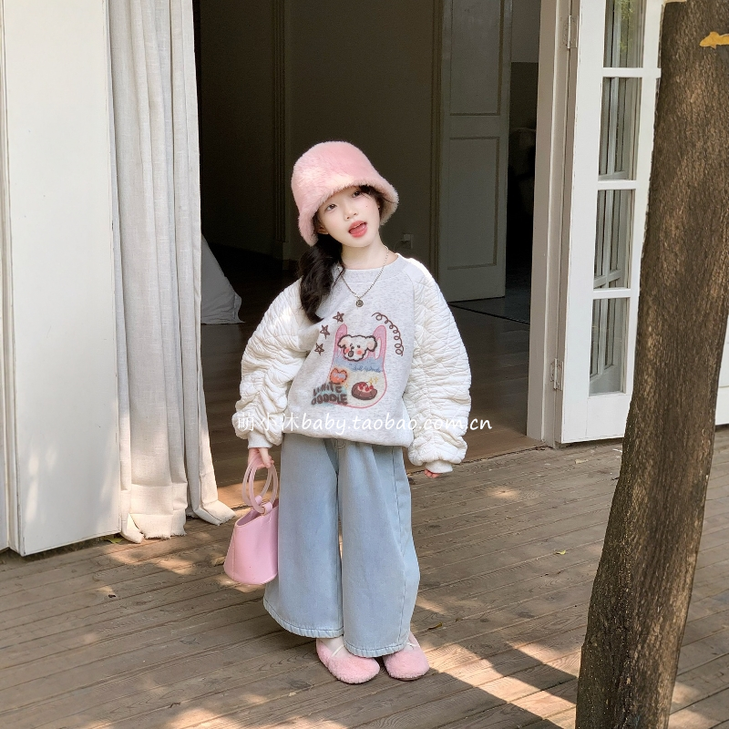 儿童洋气厚款卫衣2025新款韩版女童冬季加绒拼色袖套头卡通上衣潮,淘宝优惠券,粉丝福利购,淘宝优惠卷