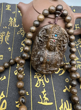 沉香木雕观音菩萨46牌情侣高档脖挂吊坠搭配实木圆珠项链汽车挂件