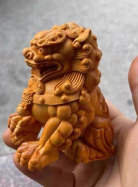 崖柏木雕狮子摆件一对小号门口