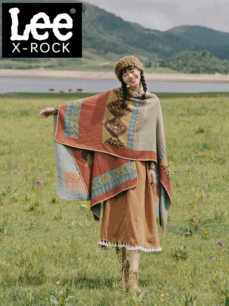 Lee Xrock民族风披肩春秋冬季旅游保暖西藏云南仿羊绒斗篷围巾女 - 图0