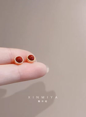 南红玛瑙耳钉纯银养耳洞红色耳饰